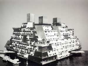 Image result for In 1967, Buckminster Fuller developed a concept for an offshore floating city, the Triton City Project. Triton was a concept for an anchored floating city that would be located just offshore and connected with bridges to the mainland. It was a collection of tetrahedral structures with apartments, etc.