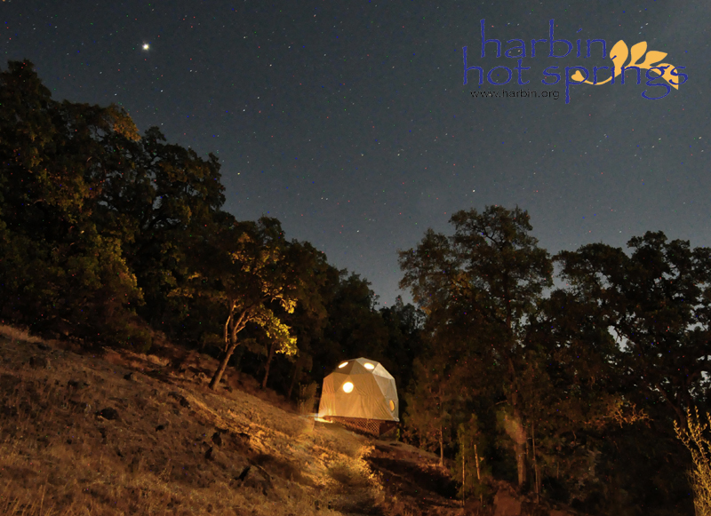 Tent cabins at Harbin are located near the Domes and near the creekside camping area.