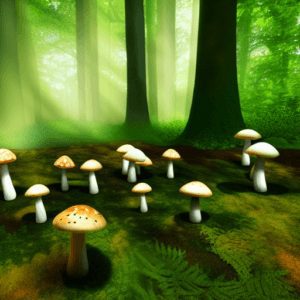 mystic grove of mushrooms in woodland